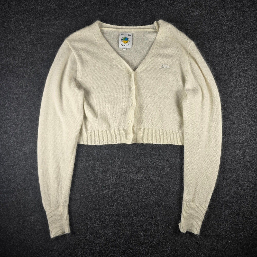 UNIF Women's White Cropped Angora Blend Button Front Cardigan Short Size S